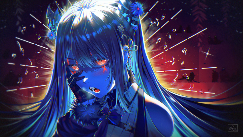 1girl abstract_background absurdres asymmetrical_horns bare_shoulders blue_hair blue_light colorful demon_horns glowing glowing_eyes hair_ornament highres hololive hololive_english horns long_hair looking_at_viewer mole mole_under_eye nerissa_ravencroft open_mouth red_eyes sharp_teeth slit_pupils solo teeth uneven_horns virtual_youtuber waligner