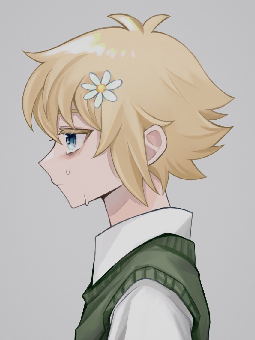 0tz026 1boy basil_(omori) blonde_hair blue_eyes closed_mouth collared_shirt crying crying_with_eyes_open flower green_sweater_vest grey_background hair_flower hair_ornament highres omori shirt short_hair short_sleeves simple_background solo sweater_vest tears upper_body white_shirt