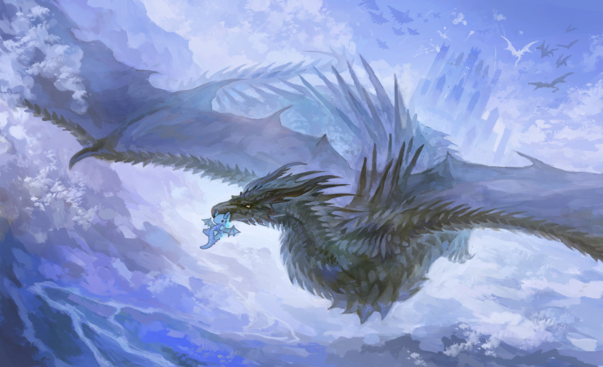 animal_focus blue_background blue_sky blue_theme carrying castle claws closed_mouth clouds dragon flying full_body highres mouth_hold no_humans pixiv_fantasia pixiv_fantasia_last_saga river sakaya313 scales size_difference sky tail wings yellow_eyes