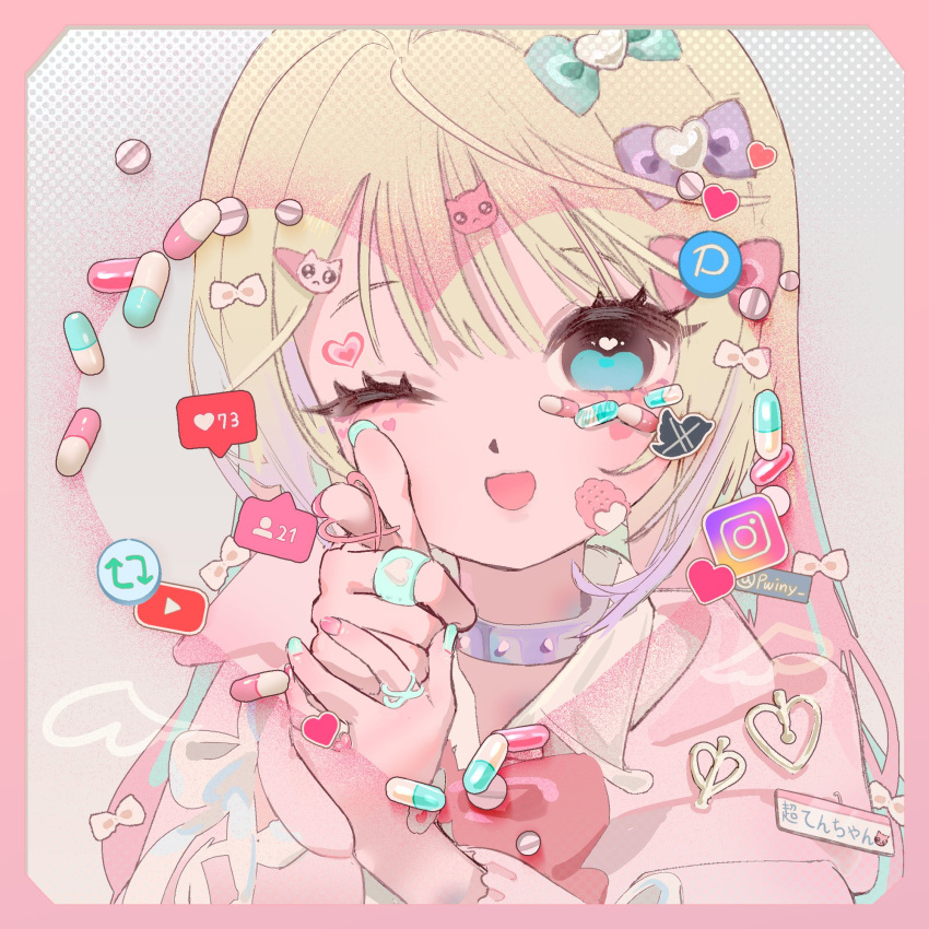 1girl ;d alternate_hairstyle bandaid bandaid_on_face blonde_hair blue_bow blue_eyes blue_hair blue_nails blush border bow cat_hair_ornament character_name choker chouzetsusaikawa_tenshi-chan collared_shirt commentary finger_gun hair_bow hair_down hair_ornament hairclip heart heart_hair_ornament highres hood hood_down hoodie instagram_logo like_and_retweet long_hair looking_at_viewer multicolored_hair multicolored_nails nail_polish name_tag needy_girl_overdose official_alternate_costume one_eye_closed open_mouth phaysungyen pill pink_border pink_bow pink_hair pink_hoodie pink_nails pixiv_logo pointing pointing_at_viewer portrait purple_bow shirt smile solo symbol-only_commentary twitter_logo white_shirt youtube_logo