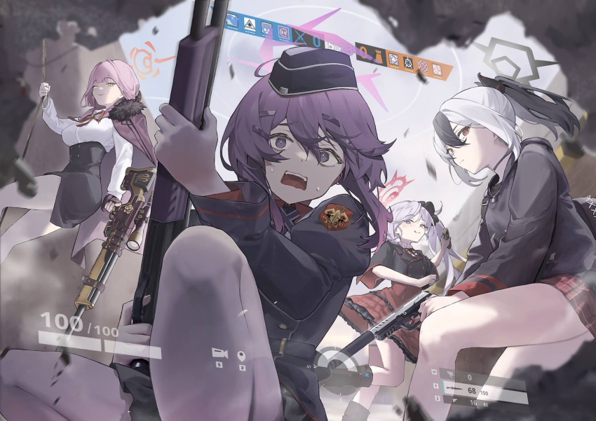 4girls aru_(blue_archive) black_choker black_footwear black_hair black_headwear black_shirt black_skirt blue_archive boots choker expressionless floating_hair fur-trimmed_collar gloves gun halo haruka_(blue_archive) high-waist_skirt holding holding_gun holding_weapon kayoko_(blue_archive) long_hair long_sleeves looking_at_viewer multicolored_hair multiple_girls mutsuki_(blue_archive) nervous open_mouth pencil_skirt pink_hair problem_solver_68_(blue_archive) purple_hair rainbow_six_siege red_ribbon ribbon seallllion shirt short_hair sidelocks skirt smile squatting standing standing_on_one_leg sweatdrop teeth thigh_strap tongue tongue_out upper_teeth_only violet_eyes weapon white_gloves white_hair white_shirt