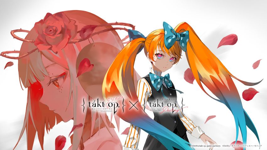 aqua_bow aqua_eyes black_vest blue_bow bow colored_inner_hair cosette_schneider crown_of_thorns destiny_(takt_op.) detached_collar eyeshadow flower gradient_hair hair_bow highres long_hair long_sleeves looking_at_viewer makeup multicolored_eyes multicolored_hair official_art orange_hair petals pink_eyes polka_dot polka_dot_bow red_eyeshadow red_flower red_rose redhead rose shirt striped striped_shirt striped_sleeves takt_op._destiny titan_(takt_op.) twintails upper_body vertical-striped_shirt vertical_stripes very_long_hair vest white_shirt