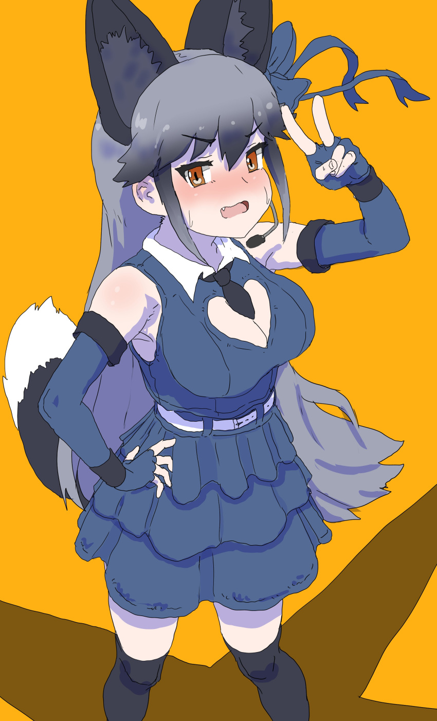 1girl absurdres alternate_costume animal_ears bare_shoulders black_hair black_necktie black_thighhighs blue_gloves blue_shirt blue_skirt blush bow cleavage_cutout clothing_cutout collared_shirt elbow_gloves embarrassed extra_ears fang fingerless_gloves fox_ears fox_girl fox_tail gloves grey_hair hair_between_eyes hair_bow highres kemono_friends kumasyan1998 long_hair looking_at_viewer microphone necktie orange_eyes pleated_skirt shirt sidelocks silver_fox_(kemono_friends) skirt solo sweatdrop tail thigh-highs v zettai_ryouiki