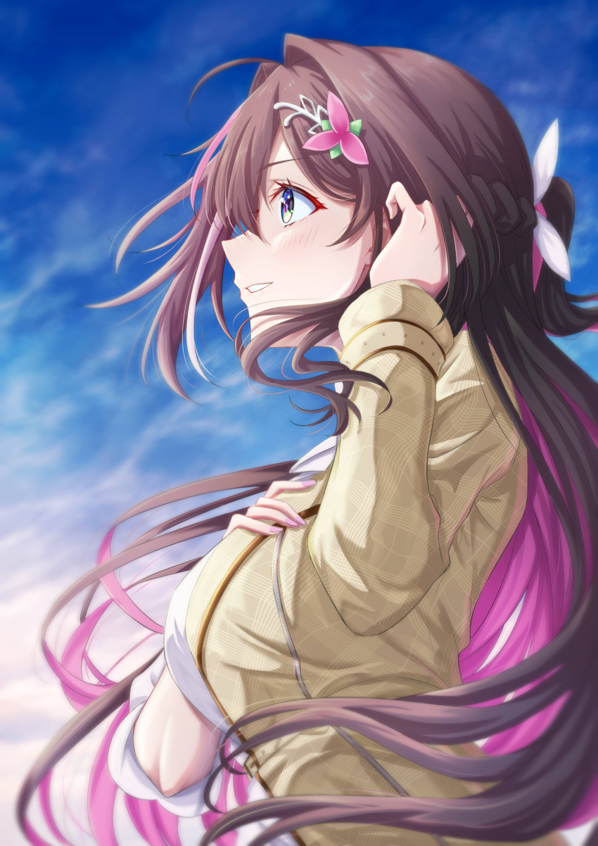 absurdres azki_(4th_costume)_(hololive) azki_(hololive) blue_sky blush braid brown_hair brown_jacket collared_dress colored_inner_hair commentary_request dress flower french_braid from_side hair_flower hair_intakes hair_ornament hair_tucking hairclip half_updo highres hololive jacket long_sleeves looking_afar looking_ahead multicolored_hair official_alternate_costume official_alternate_hair_length official_alternate_hairstyle ouna_harukaze pink_hair short_ponytail sky sunset upper_body virtual_youtuber white_dress