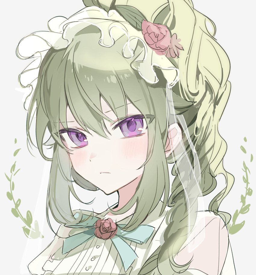 1girl blue_ribbon blush closed_mouth flower green_hair hair_flower hair_ornament highres juliet_sleeves kusanagi_nene long_hair long_sleeves looking_at_viewer neck_ribbon nong_345 pink_flower portrait project_sekai puffy_sleeves ribbon shirt side_ponytail sidelocks simple_background solo very_long_hair violet_eyes white_background white_shirt