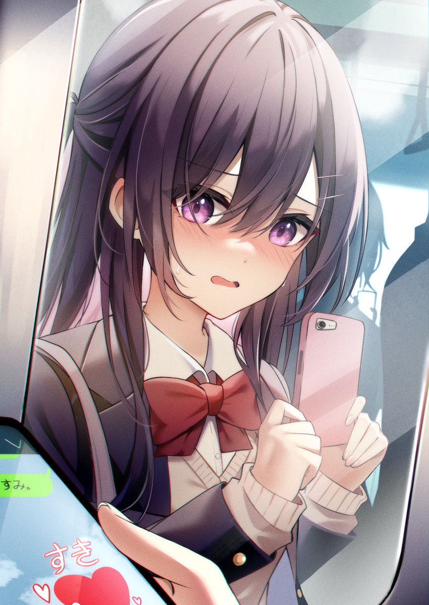 1girl absurdres black_hair black_jacket blush bow brown_sweater collared_shirt commentary embarrassed hair_between_eyes highres holding holding_phone jacket long_hair long_sleeves original parted_lips phone red_bow school_uniform shirt sidelocks solo_focus sweater train tsukasa_tsubasa violet_eyes white_shirt