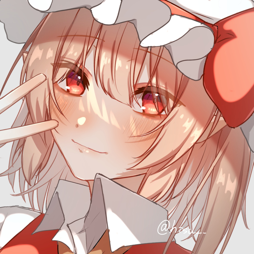 1girl artist_name blonde_hair close-up closed_mouth collared_shirt flandre_scarlet hair_between_eyes hat hat_ribbon highres hisu_(hisu_) light_smile looking_at_viewer mob_cap portrait red_eyes red_ribbon ribbon shirt simple_background solo touhou white_background white_headwear white_shirt