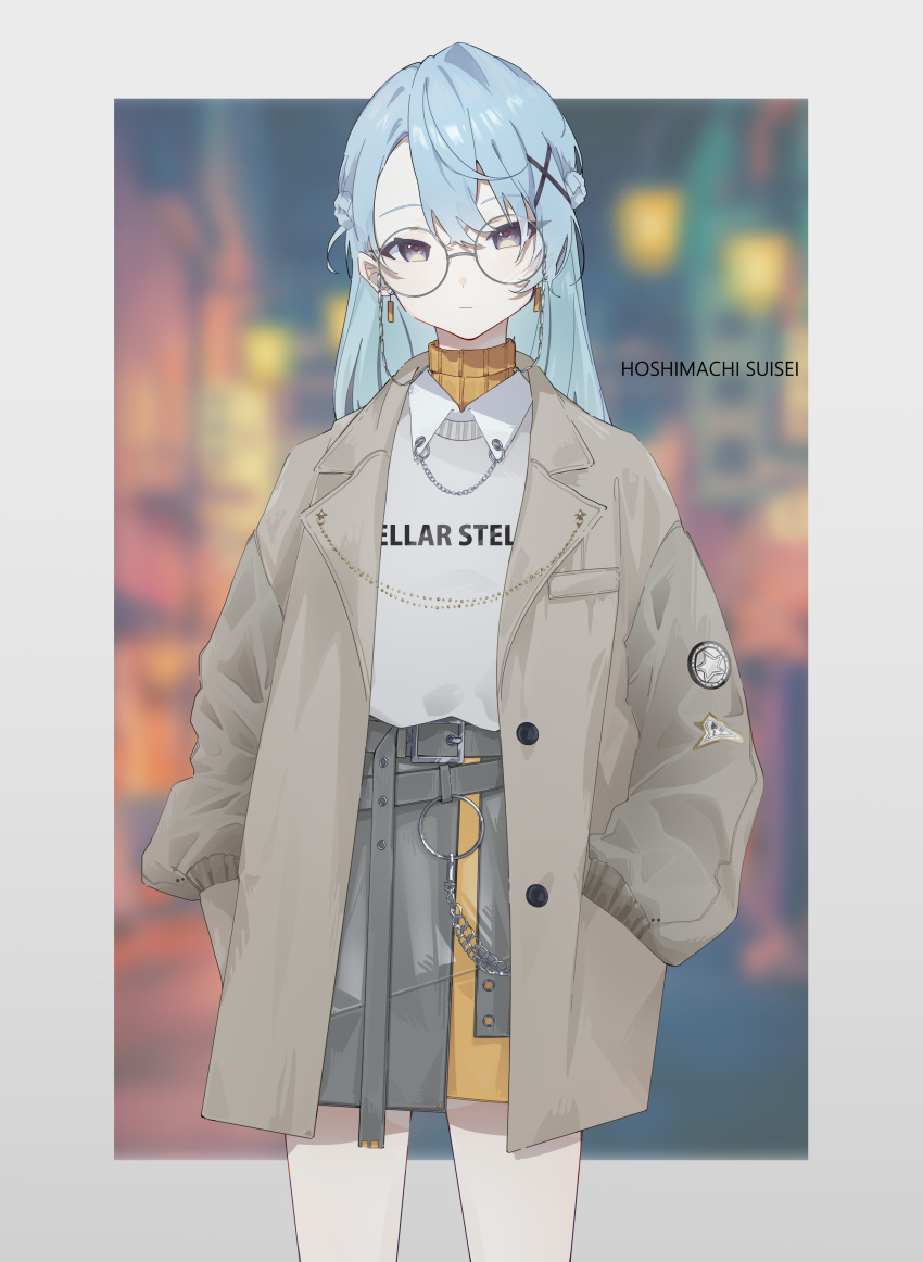 1girl absurdres alternate_costume belt black_skirt blue_hair brown_coat character_name closed_mouth coat cowboy_shot earrings glasses grey_eyes grey_shirt hair_ornament hands_in_pockets highres hololive hoshimachi_suisei jacket jewelry long_hair long_sleeves looking_at_viewer mirai99 open_clothes open_jacket round_teeth shirt skirt solo standing sweater teeth turtleneck turtleneck_sweater virtual_youtuber x_hair_ornament yellow_sweater