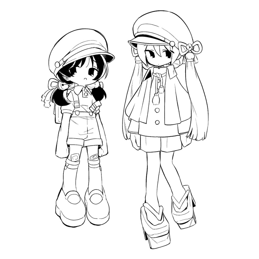 2girls alternate_costume arms_at_sides backpack bag bandaid bandaid_on_knee bandaid_on_leg bell buttons capelet character_request closed_mouth collared_shirt dot_mouth full_body geta hair_bell hair_ornament hat hat_tassel high_collar highres jingle_bell kaai_yuki kneehighs legwear_garter lineart long_sleeves looking_at_viewer low_twintails mary_janes moai_(more_e_4km) monochrome multiple_girls open_mouth peaked_cap platform_footwear polo_shirt shirt shirt_tucked_in shoes short_sleeves shorts simple_background skirt socks suspender_skirt suspenders suspenders_slip twintails vocaloid
