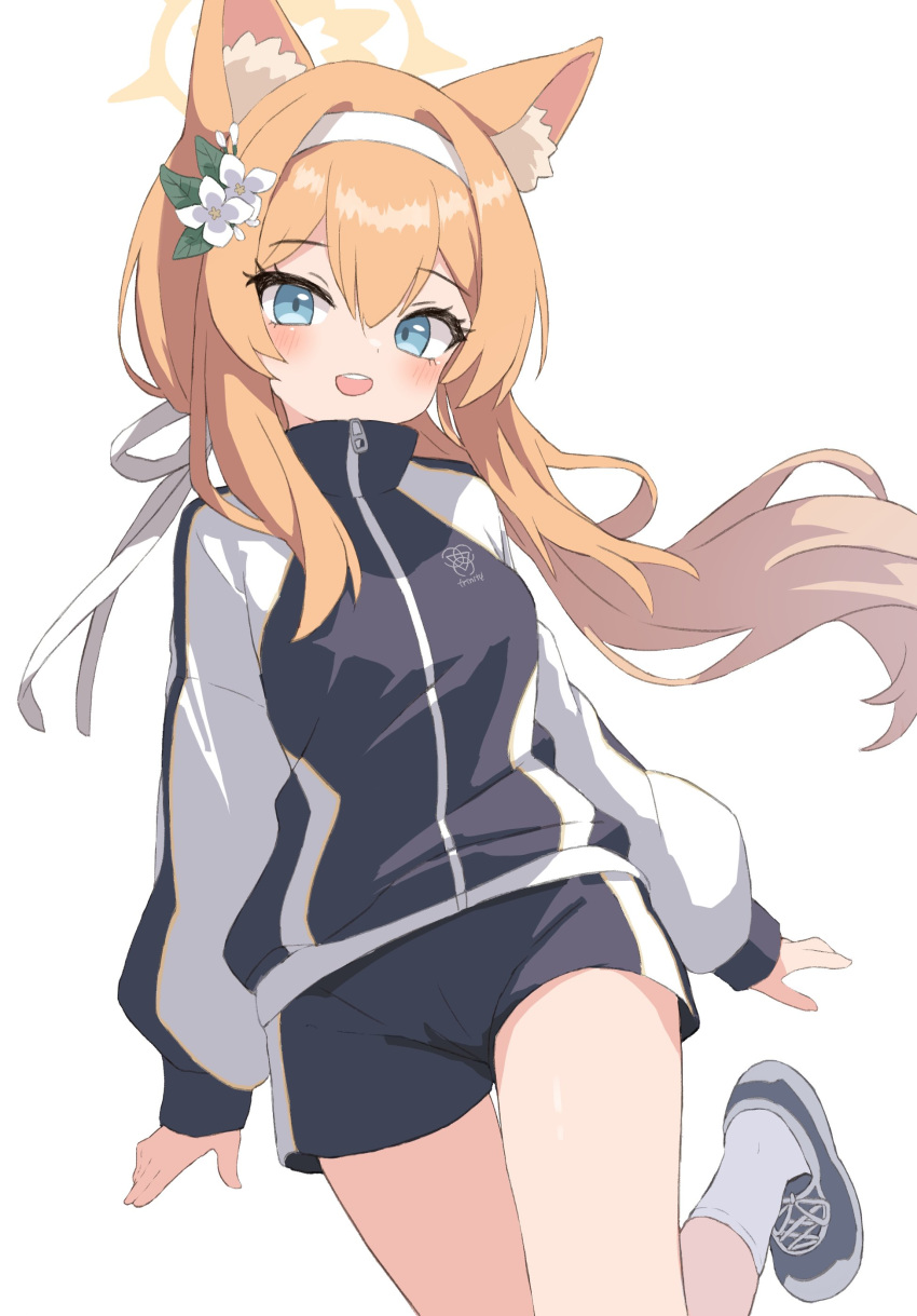 1girl :d absurdres animal_ear_fluff animal_ears blue_archive blue_eyes bow cat_ears cat_girl commentary_request flower gym_shorts gym_uniform hair_between_eyes hair_bow hair_flower hair_ornament hair_ribbon hairband halo highres jacket long_hair long_sleeves looking_at_viewer low_ponytail mari_(blue_archive) mari_(track)_(blue_archive) official_alternate_costume official_alternate_hairstyle orange_hair ribbon shoes shorts sidelocks simple_background smile sneakers solo track_jacket white_background yukisiannn