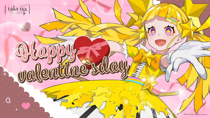 1girl blonde_hair blunt_bangs box dress gloves hair_ornament happy_valentine heart-shaped_box highres long_hair looking_at_viewer makeup official_art open_mouth piano_print puffy_short_sleeves puffy_sleeves short_sleeves smile star-shaped_pupils star_(symbol) star_hair_ornament star_in_eye star_print symbol-shaped_pupils symbol_in_eye takt_op._destiny twinkle_twinkle_little_star_(takt_op.) twintails violet_eyes white_gloves yellow_dress