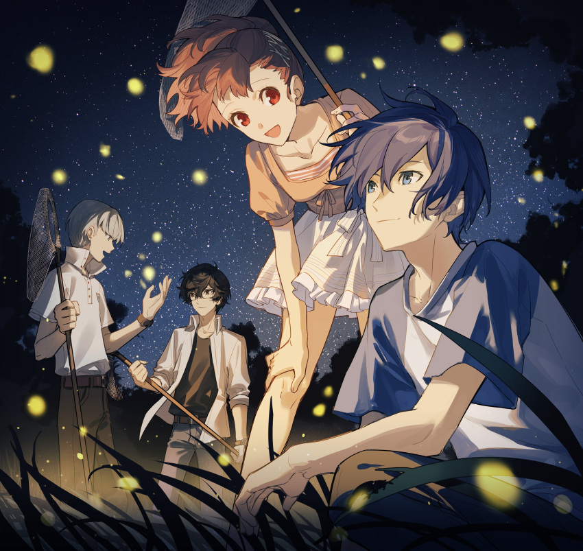 1boy 3boys absurdres amamiya_ren black-framed_eyewear black_eyes black_hair black_pants black_shirt blue_eyes blue_hair brown_eyes brown_hair butterfly_net buttons casual closed_mouth collarbone fireflies floating_hair glasses grass grey_hair grey_pants hand_net highres holding holding_butterfly_net jacket looking_at_another looking_up multiple_boys narukami_yuu night night_sky open_clothes open_jacket open_mouth outdoors pants persona persona_3 persona_3_portable persona_4 persona_5 ponytail profile puffy_short_sleeves puffy_sleeves shiomi_kotone shirt short_hair short_sleeves sitting skirt sky smile star_(sky) t-shirt trait_connection tsubsa_syaoin white_jacket white_shirt white_skirt yellow_shirt yuuki_makoto