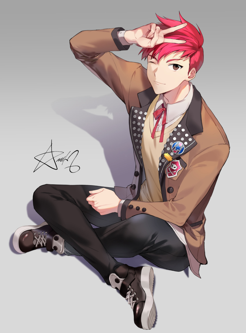 1boy black_footwear black_pants brown_eyes brown_jacket buried_stars character_request closed_mouth collared_shirt commentary_request full_body hand_up highres indian_style jacket korean_commentary long_sleeves looking_at_viewer male_focus neck_ribbon one_eye_closed pants red_ribbon redhead ribbon school_uniform shirt shoes short_hair signature simple_background sitting smile sweater timing_(mpth8384) v white_background white_shirt yellow_sweater
