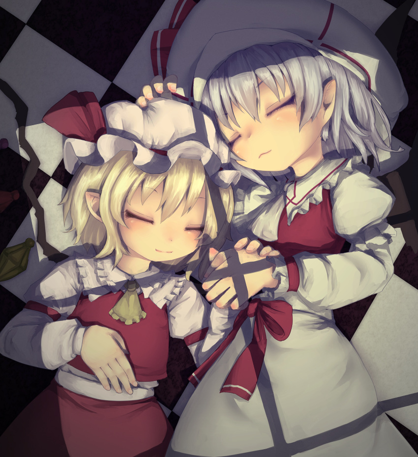 2girls adapted_costume alternate_headwear ascot bat_wings blonde_hair checkered_floor closed_eyes closed_mouth collared_shirt crystal flandre_scarlet frilled_ascot frilled_shirt_collar frilled_sleeves frills grey_hair hand_on_another's_headwear hand_on_own_stomach hat hat_ribbon highres holding_hands juliet_sleeves long_sleeves lying mob_cap multicolored_wings multiple_girls on_back on_floor pointy_ears puffy_sleeves red_ribbon red_skirt red_vest remilia_scarlet ribbon shadow shirt siblings sisters skirt skirt_set sleeve_ribbon tekina_(chmr) touhou vest white_headwear white_shirt wings yellow_ascot