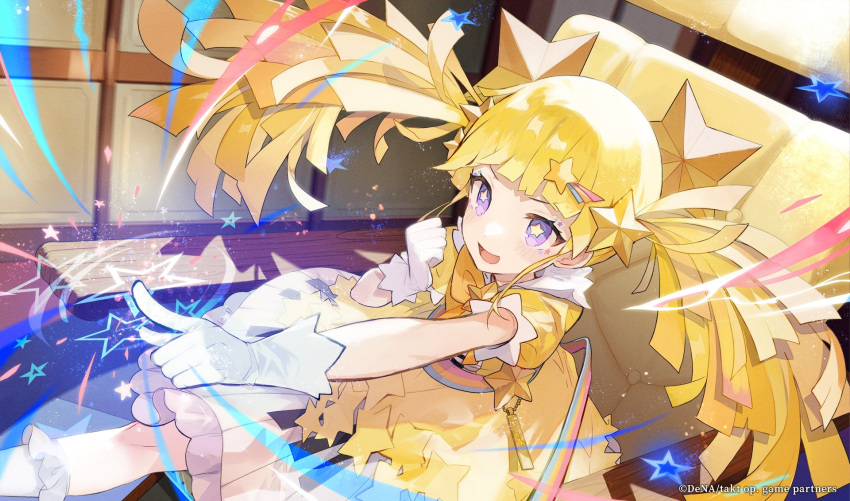 1girl blonde_hair blunt_bangs dress gloves hair_ornament highres long_hair looking_at_viewer magic magical_girl nuudoru official_art open_mouth puffy_short_sleeves puffy_sleeves short_sleeves smile star-shaped_pupils star_(symbol) star_hair_ornament star_in_eye symbol-shaped_pupils symbol_in_eye takt_op._destiny twinkle_twinkle_little_star_(takt_op.) twintails violet_eyes white_gloves yellow_dress yellow_pupils