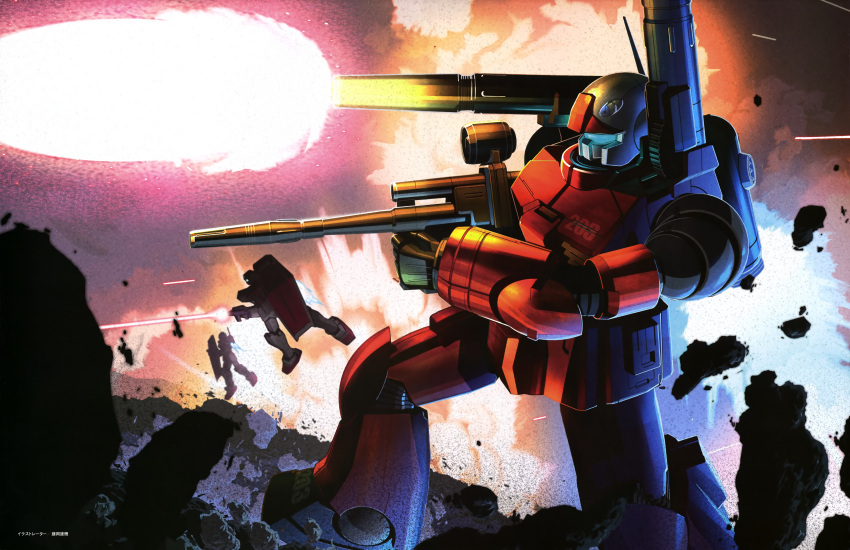 absurdres assault_visor asteroid beam_rifle debris energy_gun explosion firing gm_(mobile_suit) gun guncannon gundam highres holding holding_gun holding_weapon kenki_fujioka mecha mobile_suit mobile_suit_gundam no_humans robot science_fiction shield shoulder_cannon solo_focus space weapon zero_gravity