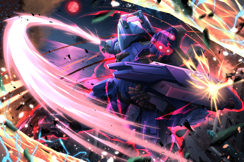 arm_shield attack beam_saber blue_destiny_01 charging_forward commentary debris electricity energy_sword eye_trail glowing glowing_eyes gundam gundam_side_story:_the_blue_destiny highres holding holding_sword holding_weapon light_trail mecha mobile_suit moon night no_humans ocean outdoors red_eyes red_moon robot science_fiction slashing smoke solo star_(sky) sword troy_(oxaa01ex) water weapon