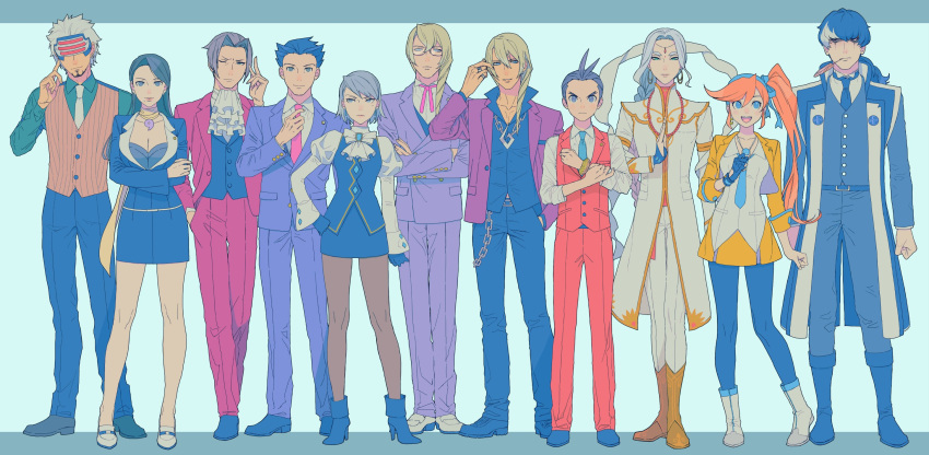 &gt;:( 3girls 6+boys :d ace_attorney adjusting_clothes adjusting_hair adjusting_necktie ankle_boots annoyed antenna_hair apollo_justice aqua_shirt arm_at_side arms_at_sides athena_cykes belt black_dress black_footwear black_gloves black_jacket black_shirt black_skirt black_vest blonde_hair blue_eyes blue_footwear blue_gloves blue_hair blue_jacket blue_necktie blue_pants blue_pantyhose blue_ribbon blue_suit boots bow bowtie bracelet braid breast_pocket brown_eyes brown_hair brown_pantyhose brown_vest buttons chain_necklace clenched_hand clenched_hands closed_jacket closed_mouth coat collared_shirt covered_eyes cropped_jacket crossed_arms dark-skinned_male dark_skin dress earrings facial_hair feather_in_mouth finger_to_cheek forehead_jewel franziska_von_karma full_body glasses gloves goatee godot_(ace_attorney) grey_hair hair_intakes hair_ribbon hand_in_pocket hand_on_own_arm hand_on_own_hip hand_up high_heel_boots high_heels highres jacket jewelry juliet_sleeves klavier_gavin knee_boots kristoph_gavin lapel_pin lapels legs_apart legs_together long_hair long_sleeves looking_at_another looking_at_viewer low_ponytail magatama magatama_necklace mia_fey midriff_peek miles_edgeworth mole mole_under_eye multicolored_hair multiple_boys multiple_girls nahyuta_sahdmadhi neck_ribbon necklace necktie one_eye_closed open_clothes open_collar open_jacket open_mouth orange_hair ouse_(otussger) pants pantyhose pastel_colors pencil_dress pencil_skirt phoenix_wright pink_necktie pink_ribbon pocket puffy_sleeves purple_jacket red_pants red_suit red_vest ribbon scarf shirt shoes short_dress short_hair sidelocks simon_blackquill single_braid single_glove skirt sleeve_cuffs sleeves_rolled_up smile spiky_hair standing striped striped_vest suit suit_jacket swept_bangs two-tone_hair v-shaped_eyebrows vertical-striped_vest vertical_stripes very_short_hair vest wallet_chain white_bow white_bowtie white_coat white_footwear white_hair white_jabot white_necktie white_pants white_shirt yellow_footwear yellow_jacket yellow_scarf yellow_skirt