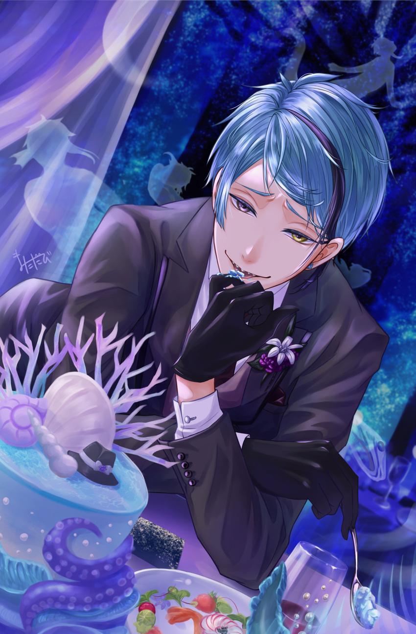 1boy 2nibori2 absurdres alcohol black_gloves black_jacket black_necktie blue_background blue_hair cake cherry_tomato collared_shirt corsage cup drinking_glass earrings food food_on_hand fruit gloves heterochromia highres holding holding_spoon icing jacket jade_leech jewelry male_focus multicolored_hair necktie plate radish sharp_teeth shirt short_hair spoon strawberry streaked_hair teeth tomato twisted_wonderland violet_eyes white_shirt wine wine_glass yellow_eyes