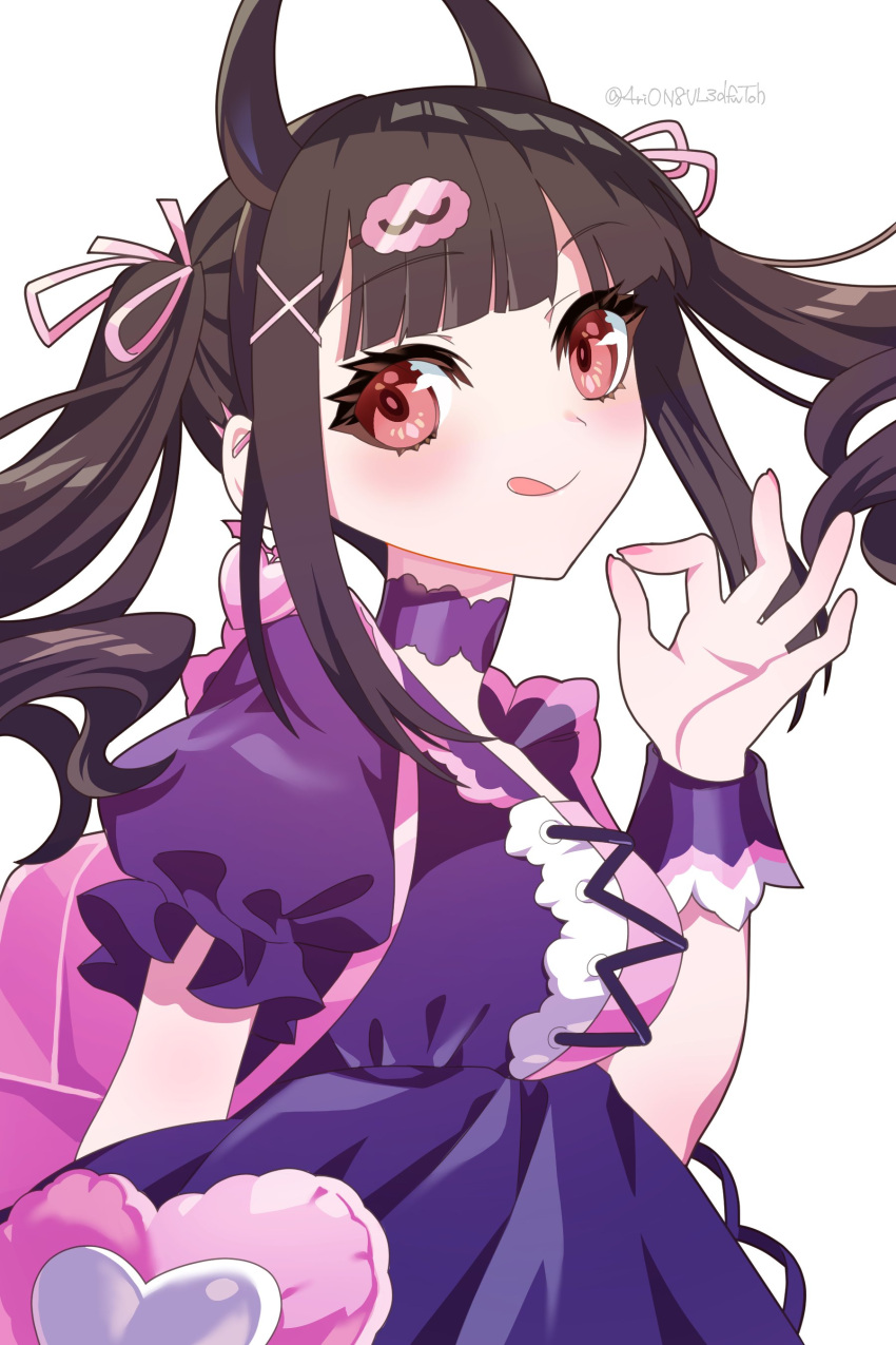 1girl 4rion8vl3dfwtoh absurdres black_hair black_hairband blunt_bangs choker commentary_request demon_horns denonbu dress earrings fake_horns hair_ornament hair_ribbon hairband hand_up heart heart_earrings highres horns jewelry long_hair looking_at_viewer ok_sign pink_ribbon puffy_short_sleeves puffy_sleeves purple_choker purple_dress red_eyes reml ribbon short_sleeves simple_background smile solo tongue tongue_out twintails white_background wrist_cuffs x_hair_ornament
