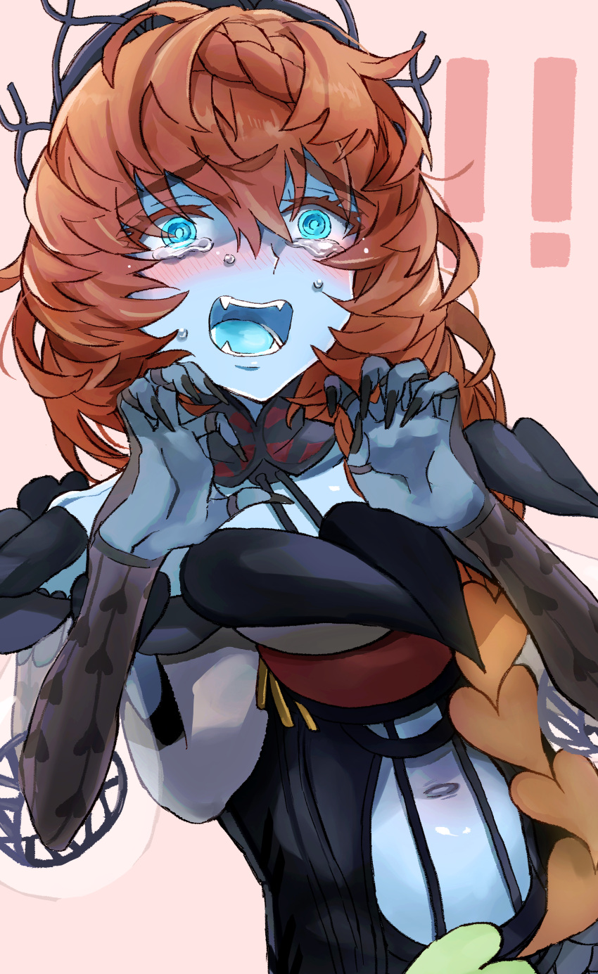 ! !! 1girl absurdres black_headwear black_sleeves blue_eyes blue_skin blue_tongue blush brown_hair claw_pose claws colored_skin colored_tongue crying crying_with_eyes_open fangs fate/grand_order fate_(series) hat heart heart_print highres navel open_mouth pink_background shimogamo_(shimomo_12) simple_background solo tears teeth upper_body van_gogh_(fate)