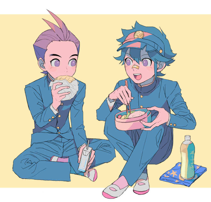 2boys :d ace_attorney aged_down antenna_hair apollo_justice bandaid bandaid_on_face bandaid_on_nose bento black_hair blue_hair blue_jacket blue_pants bottle bread brown_hair buttons chopsticks clay_terran crossed food full_body gakuran highres holding holding_carton holding_chopsticks jacket knees_up layered_sleeves legs letterboxed long_sleeves looking_at_another male_focus melon_bread multiple_boys orange_background ouse_(otussger) pants school_uniform shoes short_hair sitting smile spiky_hair star_(symbol) star_print violet_eyes visor_cap white_footwear