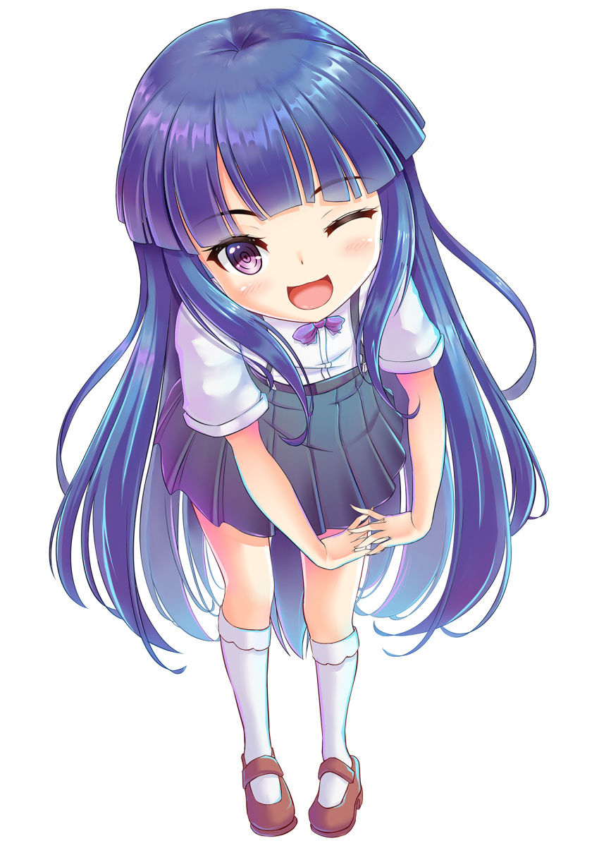 1girl ;d black_skirt blue_hair blunt_bangs blush bow bowtie brown_footwear chinese_commentary commentary_request eyelashes full_body furude_rika head_tilt highres higurashi_no_naku_koro_ni interlocked_fingers long_hair looking_at_viewer mary_janes miniskirt oku_no_ma one_eye_closed open_mouth own_hands_together partial_commentary pleated_skirt purple_bow purple_bowtie ringed_eyes shirt shoes short_sleeves sidelocks simple_background skirt smile socks solo standing straight_hair suspender_skirt suspenders upturned_eyes very_long_hair violet_eyes white_background white_shirt white_socks