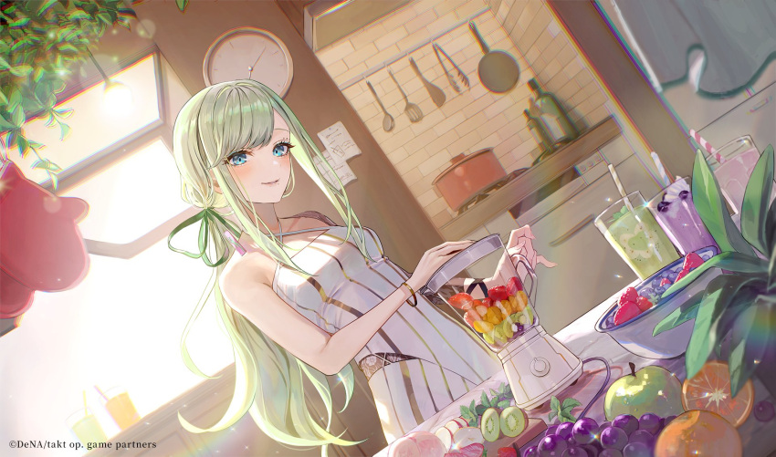 1girl air_on_the_g_string_(takt_op.) aqua_eyes asymmetrical_sleeves bare_shoulders blender_(object) blue_eyes blueberry bracelet cooking dress eyebrow_piercing food fruit frying_pan grapes green_ribbon hair_ribbon highres jewelry kitchen kiwi_(fruit) ladle light_green_hair long_hair long_sleeves looking_at_viewer magako mole mole_under_mouth official_art orange_(fruit) orange_slice peach piercing ribbon smile spatula strawberry striped striped_dress takt_op._destiny vertical-striped_dress vertical_stripes very_long_hair white_dress