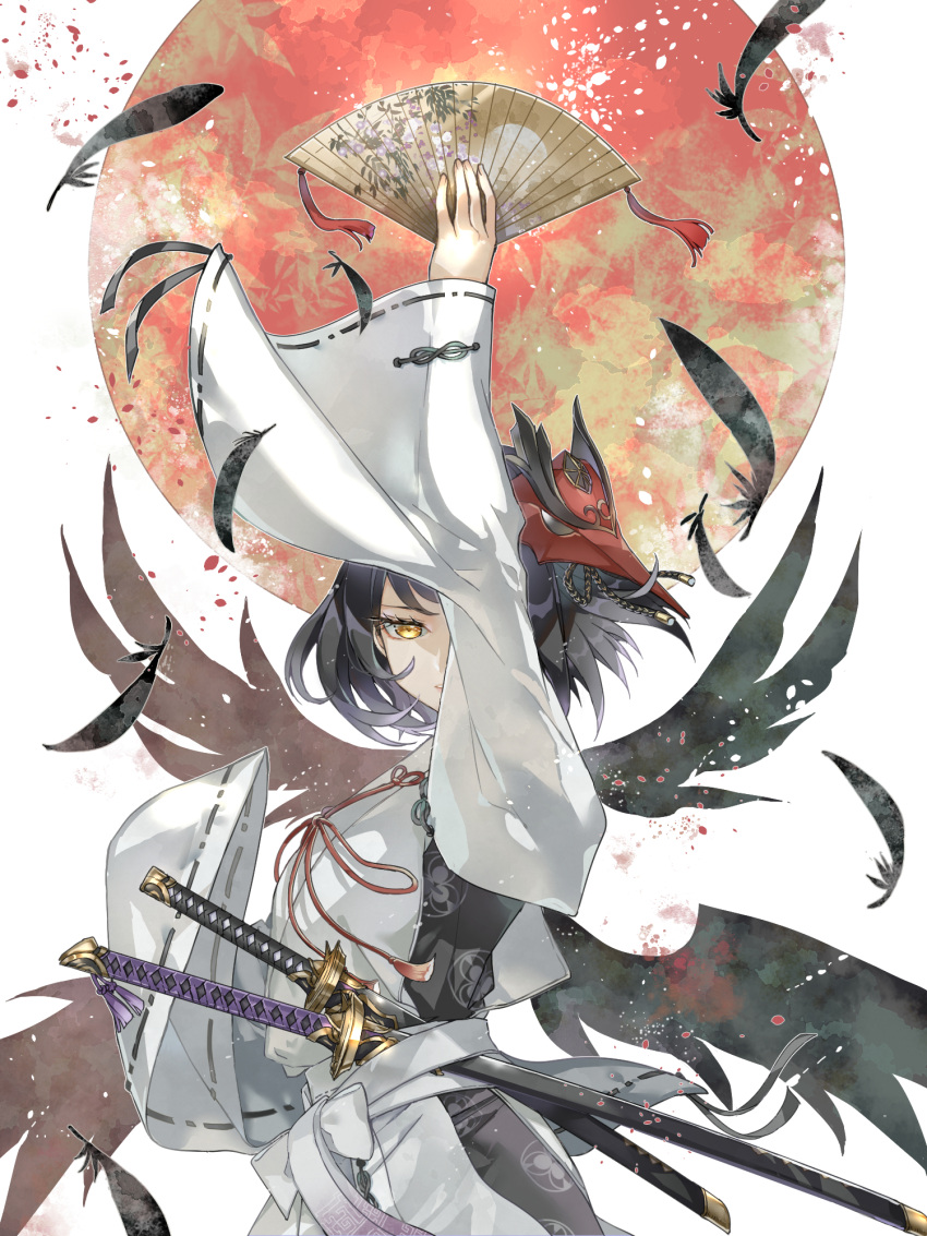 1girl arm_up bird_mask black_hair commentary_request feathers folding_fan genshin_impact hand_fan highres holding holding_fan japanese_clothes kanai23831347 kimono kujou_sara looking_at_viewer mask mask_on_head short_hair solo sword weapon white_kimono wide_sleeves yellow_eyes