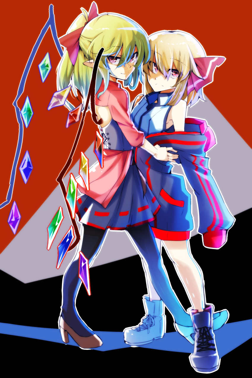 2girls alternate_hairstyle alternate_headwear bare_shoulders black_background black_pantyhose blonde_hair brown_footwear closed_mouth contemporary corset crystal flandre_scarlet from_side full_body grey_background hair_between_eyes highres light_smile looking_at_viewer manekinekoppoi_inu medium_hair multicolored_background multicolored_wings multiple_girls pantyhose pointy_ears ponytail red_background red_eyes rumia shirt skirt sleeveless sleeveless_shirt stanis23 touhou white_shirt wings