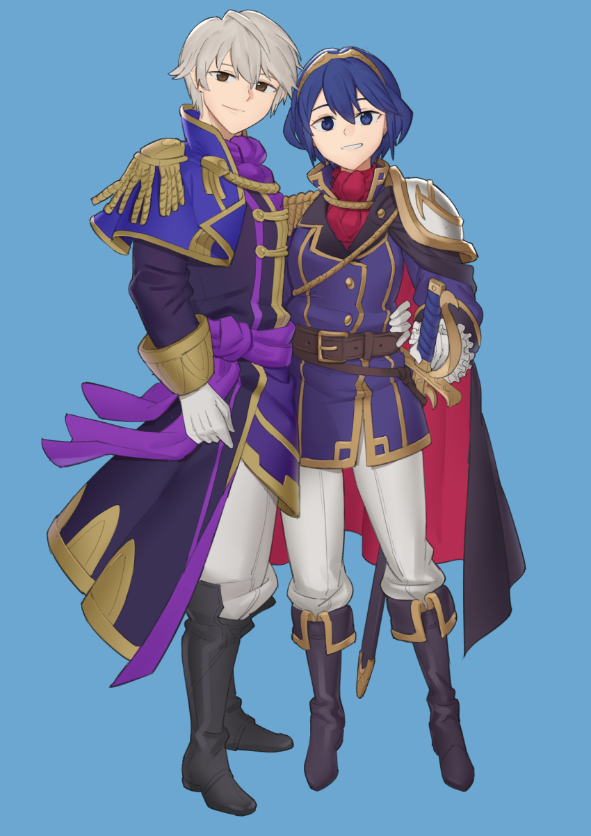1boy 1girl alternate_costume armor belt belt_buckle black_cape black_footwear blue_background blue_eyes blue_hair boots brown_belt brown_eyes buckle cape capelet closed_mouth commentary ebinku english_commentary fire_emblem fire_emblem_awakening fire_emblem_heroes full_body gloves grin hair_between_eyes hand_on_another's_hip highres long_sleeves looking_at_viewer lucina_(fire_emblem) pants pauldrons purple_capelet red_cape robin_(fire_emblem) robin_(male)_(fire_emblem) sheath sheathed short_hair shoulder_armor simple_background single_pauldron smile sword teeth tiara two-tone_cape weapon white_gloves white_hair white_pants