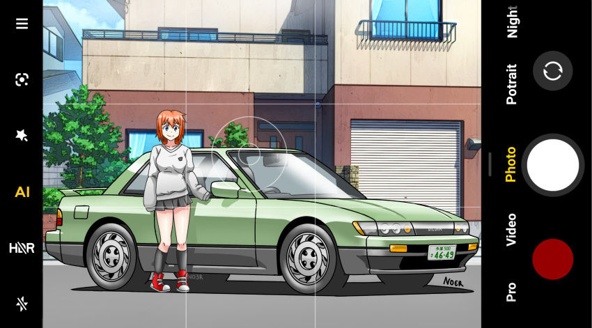 1girl black_skirt black_socks breasts car fake_screenshot green_eyes highres initial_d long_sleeves medium_breasts motor_vehicle nissan nissan_s13_silvia nissan_silvia noerartworks orange_hair original pleated_skirt red_footwear shoes short_hair skirt sleeves_past_wrists smile sneakers socks solo vehicle_focus