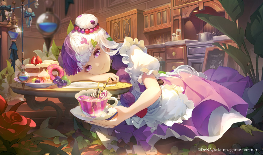 1girl apron autumn_(takt_op.) blunt_bangs cup double_bun doughnut dress flower food frilled_apron frilled_sleeves frills fruit grapes hair_bun hair_ornament highres holding holding_cup leaf_hair_ornament looking_at_viewer multicolored_hair official_art puffy_short_sleeves puffy_sleeves purple_dress purple_hair red_flower red_rose rose saucer short_sleeves smile takt_op._destiny two-tone_hair waist_apron white_apron white_hair