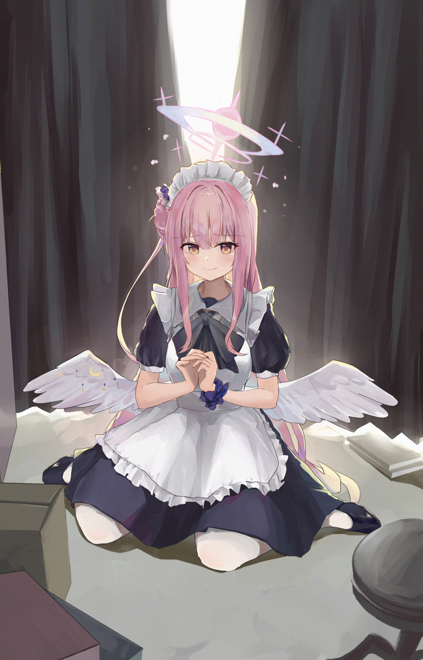 1girl absurdres apron black_ribbon blue_archive blush book box curtains feathered_wings hair_bun halo highres jsscj long_hair looking_at_viewer maid maid_apron maid_headdress mika_(blue_archive) neck_ribbon pink_hair pink_halo ribbon scrunchie single_side_bun sitting smile solo wariza white_wings wings wrist_scrunchie