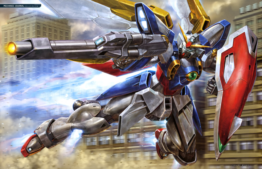 absurdres aiming arm_shield beam_rifle blue_eyes building city clouds dark_clouds dust_cloud energy_gun exhaust flying gun gundam gundam_wing highres holding holding_gun holding_weapon kinoshita_tomotake mecha mechanical_wings mobile_suit motion_blur no_humans outdoors robot science_fiction solo thrusters v-fin weapon wing_gundam wings