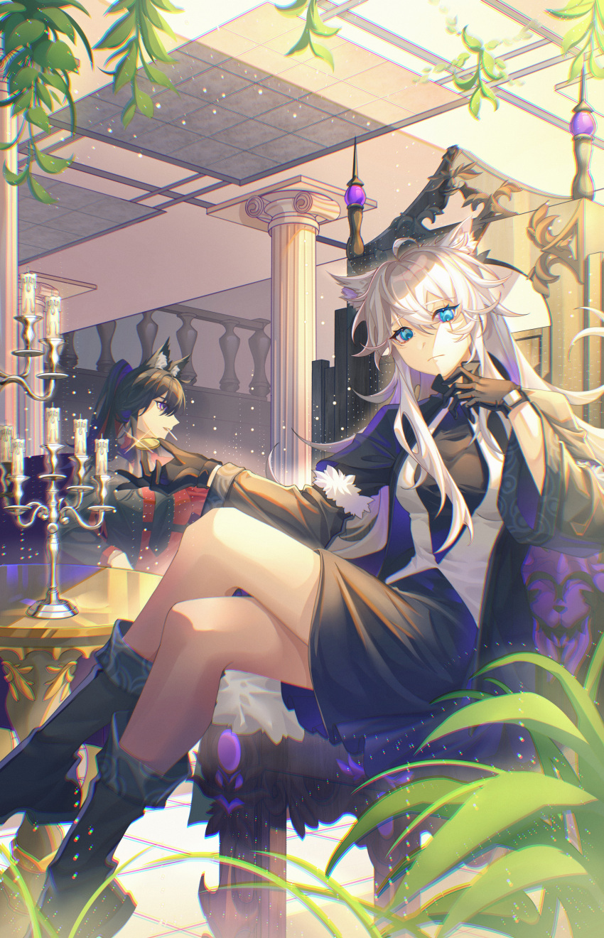 2girls absurdres ahoge animal_ear_fluff animal_ears arknights baozi21215 black_dress black_footwear black_gloves black_hair black_jacket black_necktie blue_eyes boots candelabra candle candlestand chair chinese_commentary cigarette closed_mouth coin colored_inner_hair column commentary_request crossed_legs dress gloves hair_between_eyes highres holding holding_coin indoors jacket lappland_(arknights) lappland_(refined_horrormare)_(arknights) long_hair long_sleeves looking_at_viewer mouth_hold multicolored_hair multiple_girls necktie official_alternate_costume on_chair open_clothes open_jacket pillar ponytail railing red_shirt redhead scar scar_across_eye shirt sitting table texas_(arknights) texas_(willpower)_(arknights) vest violet_eyes white_hair white_vest wide_sleeves wolf_ears wolf_girl