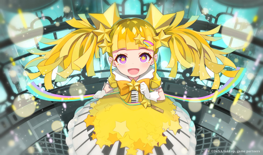1girl blonde_hair blunt_bangs dress female_child frilled_dress frilled_sleeves frills gloves grin hair_ornament highres long_hair looking_at_viewer makeup official_art open_mouth osa_(osaosa) piano_print puffy_short_sleeves puffy_sleeves short_sleeves smile star-shaped_pupils star_(symbol) star_hair_ornament star_in_eye star_print symbol-shaped_pupils symbol_in_eye takt_op._destiny twinkle_twinkle_little_star_(takt_op.) twintails violet_eyes white_gloves yellow_dress yellow_pupils