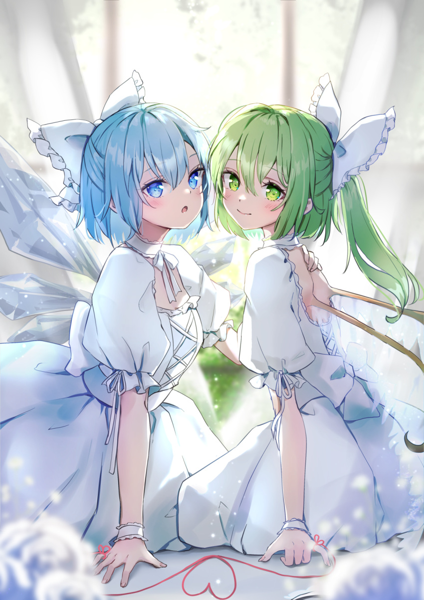 2girls alternate_costume blue_eyes blue_hair blush bow cirno closed_mouth cross-laced_clothes daiyousei dress fairy frilled_bow frills green_eyes green_hair hair_between_eyes heart heart_of_string highres ice ice_wings long_hair looking_at_viewer multiple_girls open_mouth puffy_short_sleeves puffy_sleeves shironeko_yuuki short_hair short_sleeves side_ponytail smile touhou white_dress wings wrist_cuffs
