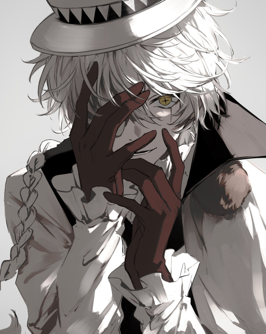 1boy braid bungou_stray_dogs coat collared_coat fur-trimmed_coat fur_trim gloves grey_background hair_between_eyes hand_on_own_face hat highres long_hair long_sleeves looking_at_viewer male_focus nikolai_gogol_(bungou_stray_dogs) nozz177 open_mouth red_gloves sidelocks simple_background single_braid smile solo star-shaped_pupils star_(symbol) star_in_eye symbol-shaped_pupils symbol_in_eye upper_body white_coat white_hair white_headwear