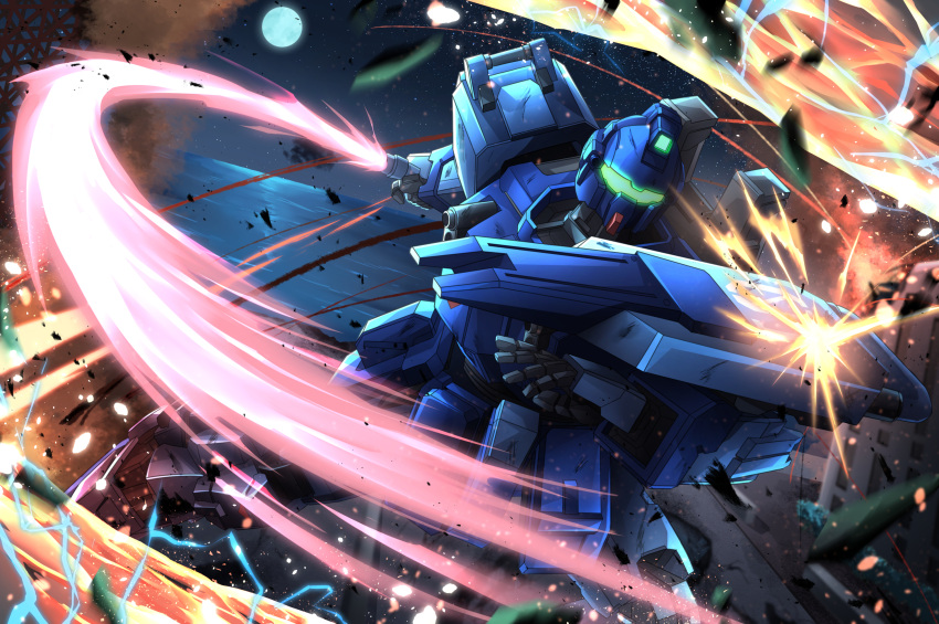 arm_shield assault_visor attack beam_saber blue_destiny_01 charging_forward commentary debris dutch_angle electricity energy_sword full_moon gundam gundam_side_story:_the_blue_destiny highres holding holding_sword holding_weapon mecha mobile_suit moon night no_humans ocean outdoors robot science_fiction slashing smoke solo star_(sky) sword troy_(oxaa01ex) water weapon