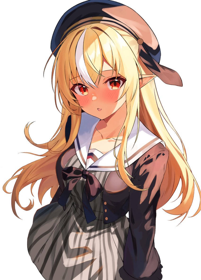 1girl absurdres blonde_hair blush breasts dark-skinned_female dark_elf dark_skin dress elf highres hololive long_hair looking_at_viewer multicolored_hair open_mouth pinstripe_dress pinstripe_pattern pointy_ears ra_midora red_eyes shiranui_flare simple_background solo striped virtual_youtuber white_background