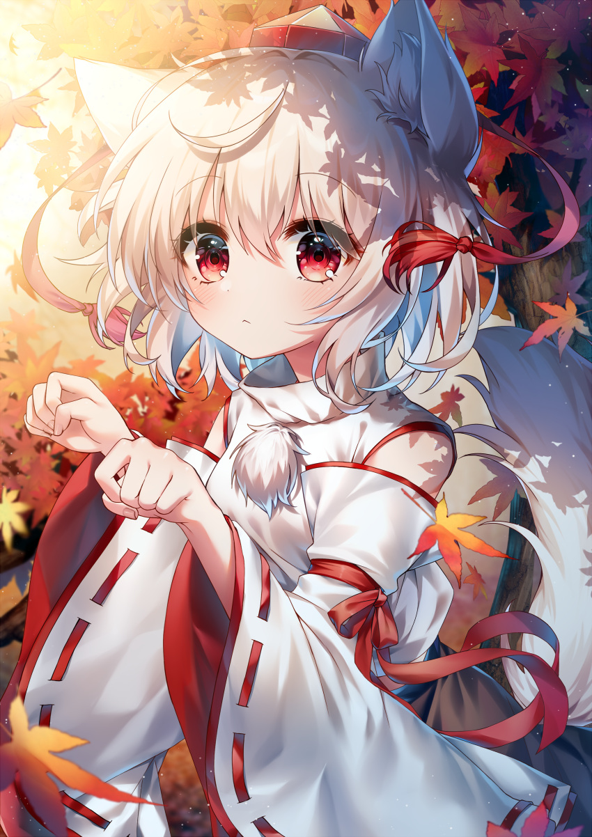 1girl absurdres animal_ears blush closed_mouth detached_sleeves fingernails grey_hair hair_between_eyes hat highres inubashiri_momiji japanese_clothes leaf maple_leaf pom_pom_(clothes) pudding_(skymint_028) red_eyes red_headwear ribbon-trimmed_sleeves ribbon_trim short_hair solo tail tokin_hat touhou upper_body white_sleeves wide_sleeves wolf_ears wolf_tail