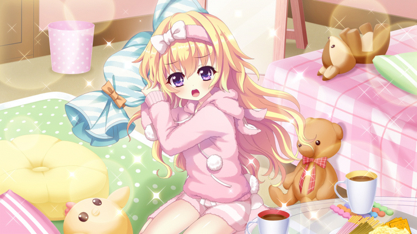 1girl :o bed bird blonde_hair bow bowtie chick coaster cracker cup dot_nose drink film_grain food full-length_mirror game_cg hairband hasegawa_mii holding holding_pillow hood izumi_tsubasu lens_flare long_hair looking_at_viewer non-web_source official_art open_mouth pajamas pillow pink_hairband pink_pajamas pink_shorts pink_socks plaid plaid_bow plaid_bowtie pocky polka_dot pom_pom_(clothes) rabbit_pajamas re:stage! red_bow red_bowtie rug shorts sitting socks solo sparkle sparkling_eyes striped striped_shorts stuffed_animal stuffed_toy teddy_bear teeth trash_can upper_teeth_only violet_eyes wariza wooden_door