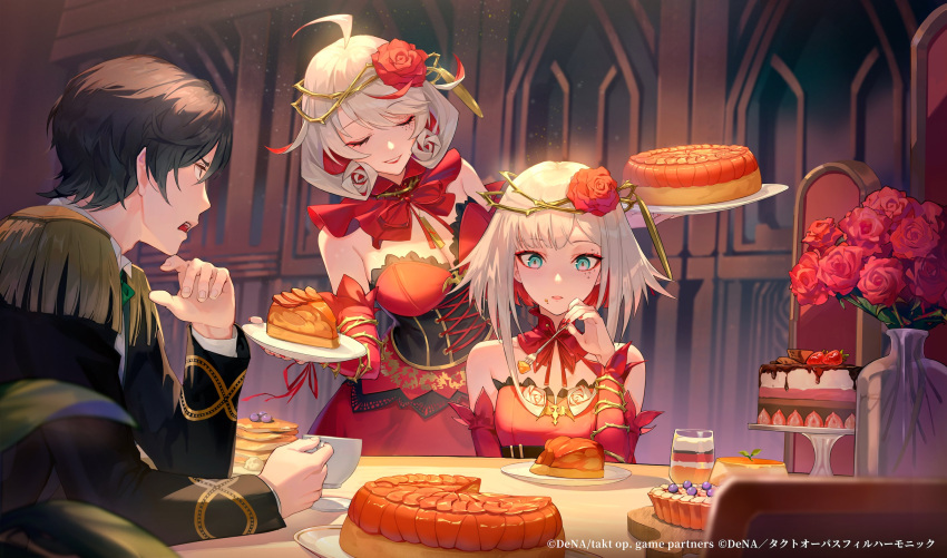 1boy 2girls anna_schneider aqua_eyes asahina_takt bare_shoulders breasts cake cake_slice colored_inner_hair cosette_schneider cross-laced_corset crown_of_thorns destiny_(takt_op.) detached_collar detached_sleeves dress drill_hair drill_sidelocks eyeshadow flower flower-trimmed_dress food food_on_face fork fruit_tart grey_hair hair_flower hair_ornament highres holding holding_fork holding_plate large_breasts long_sleeves looking_at_viewer makeup medium_breasts medium_hair multicolored_hair multiple_girls official_art pastry plate red_dress red_eyeshadow red_flower red_rose red_sleeves red_theme redhead rose short_hair_with_long_locks sidelocks smile straight_hair strapless strapless_dress strawberry_shortcake takt_op._destiny tart_(food) thorns upper_body whipped_cream