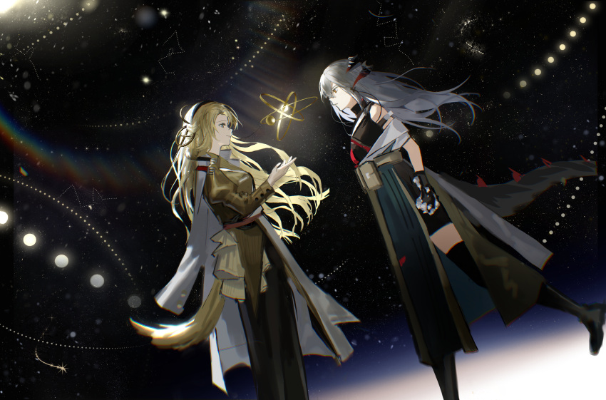 2girls absurdres animal_ears arknights black_dress black_footwear black_gloves black_pants black_thighhighs blonde_hair blue_eyes boots closed_mouth coat constellation dog_ears dog_girl dog_tail dragon_girl dragon_horns dragon_tail dress floating_hair from_side gloves grey_hair highres horns juliet_sleeves kirsten_(arknights) long_hair long_sleeves looking_at_another multiple_girls open_clothes open_coat orange_eyes originium_arts_(arknights) pants parted_lips profile puffy_sleeves qunai saria_(arknights) shirt sleeveless sleeveless_dress smile star_(sky) tail thigh-highs very_long_hair white_coat yellow_shirt