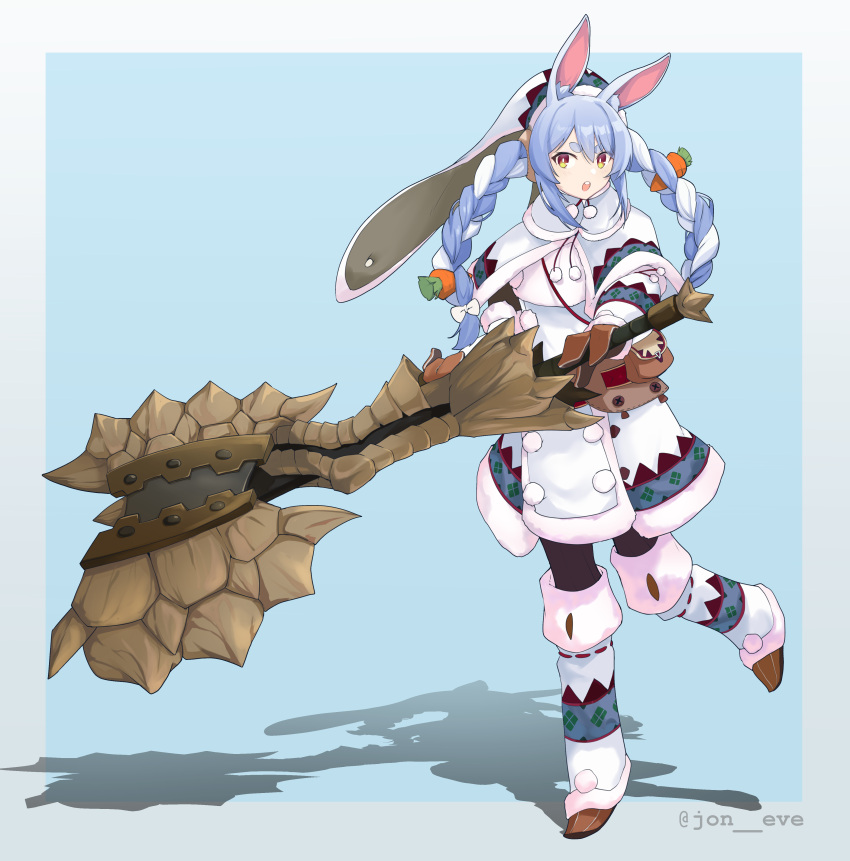 1girl absurdres alternate_costume animal_ear_fluff animal_ears axe blue_background blue_hair border braid carrot_hair_ornament clothing_request commentary dress food-themed_hair_ornament full_body fur-trimmed_dress fur_trim hair_ornament highres holding holding_axe hololive jon_eve long_hair looking_at_viewer monster_hunter_(series) monster_hunter_rise multicolored_hair open_mouth rabbit_ears rabbit_girl shadow solo standing standing_on_one_leg twin_braids twintails twitter_username two-tone_hair usada_pekora virtual_youtuber white_border white_dress white_hair yellow_eyes