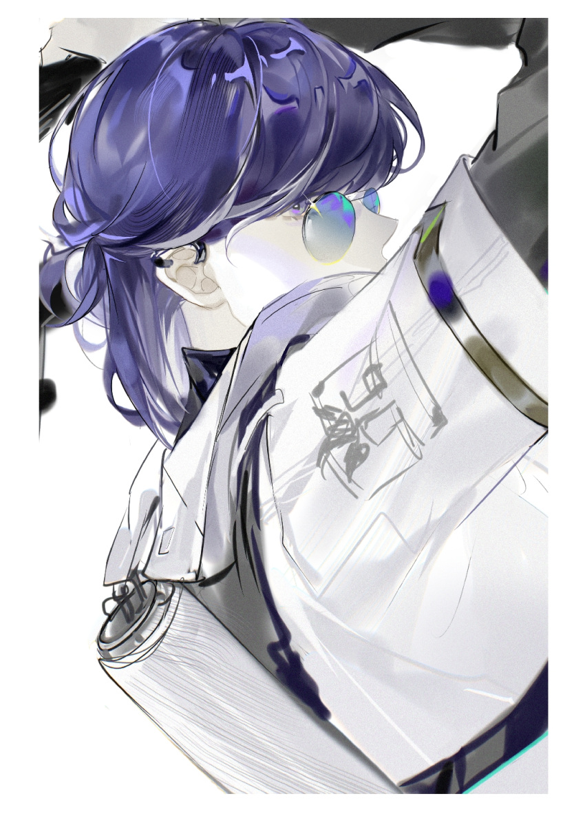 1girl andreana_(arknights) andreana_(silent_arrow)_(arknights) arknights arm_up black_jacket blue-tinted_eyewear blue_eyes blue_hair blue_jacket border commentary_request earpiece from_behind glasses highres jacket long_sleeves medium_hair multicolored_clothes multicolored_jacket official_alternate_costume round_eyewear sketch solo tiffs tinted_eyewear two-tone_jacket upper_body white_border white_jacket