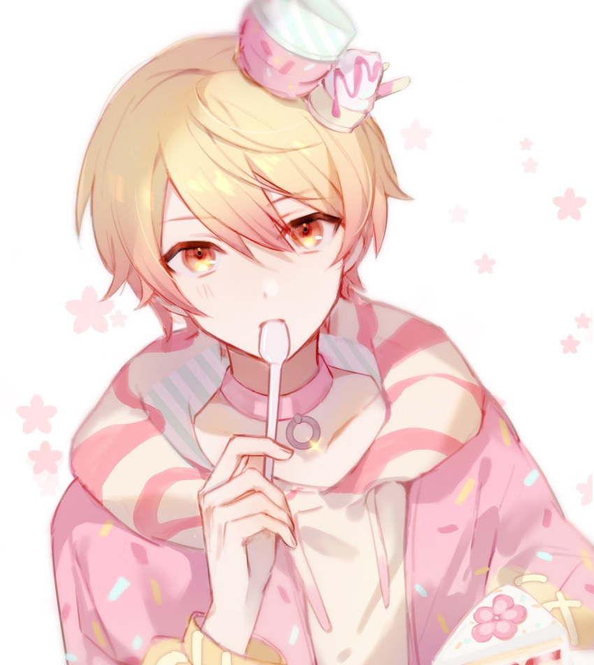 1boy blonde_hair choker closed_mouth cupcake drawstring flower food highres holding holding_spoon hood hood_down hoodie jacket looking_at_viewer otorrio pink_choker pink_flower pink_jacket project_sekai simple_background solo spoon tenma_tsukasa upper_body white_background white_hoodie yellow_eyes