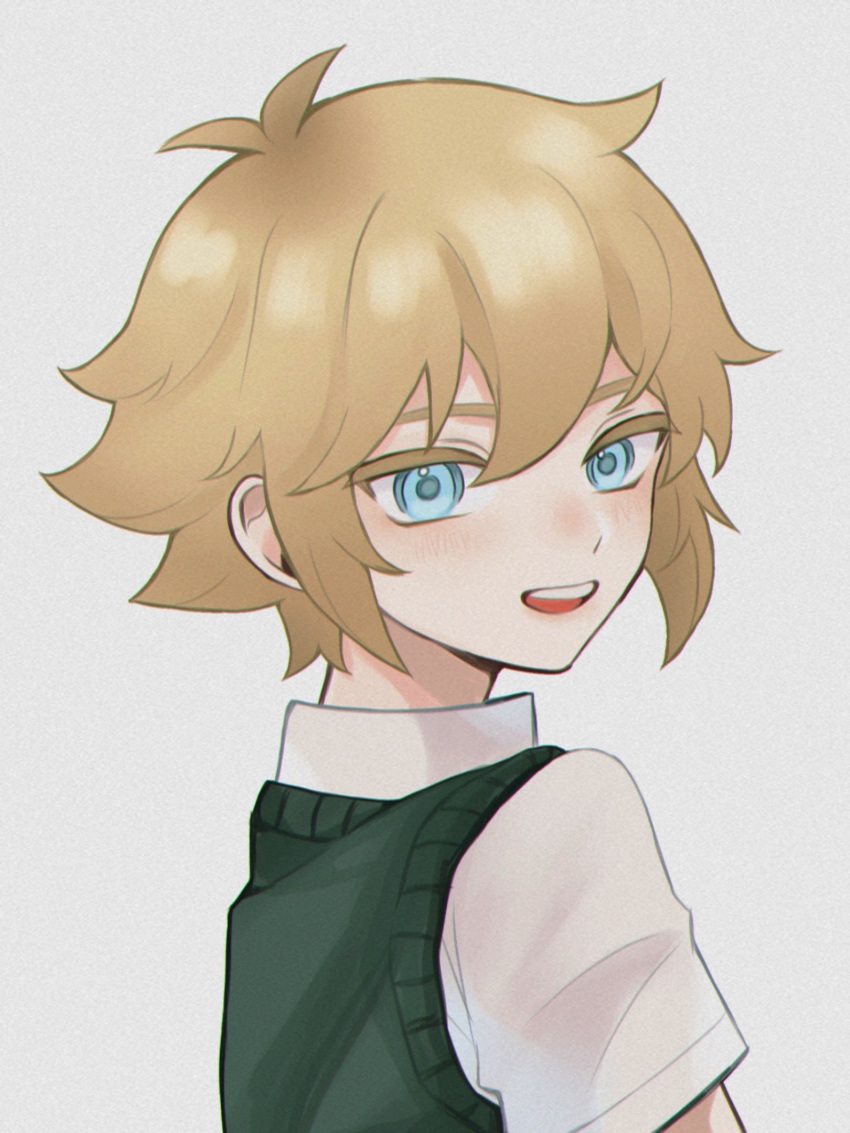 0tz026 1boy basil_(omori) blonde_hair blue_eyes blush collared_shirt green_sweater_vest highres looking_at_viewer omori open_mouth shirt short_hair short_sleeves simple_background smile solo sweater_vest teeth upper_body upper_teeth_only white_background white_shirt