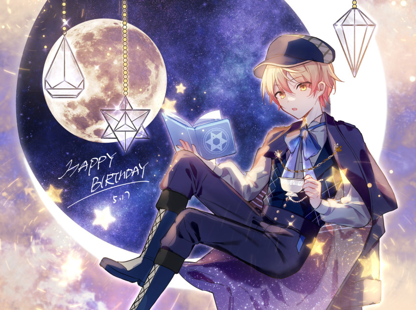 1boy blonde_hair blue_coat blue_footwear blue_headwear blue_pants blue_vest book boots cabbie_hat coat coat_on_shoulders collar_chain_(jewelry) cup hat highres holding holding_book holding_cup looking_at_viewer mabayui_hikari_no_stage_de_(project_sekai) night night_sky open_mouth otorrio pants project_sekai shirt sitting sky solo stellated_octahedron teacup tenma_tsukasa vest white_shirt yellow_eyes